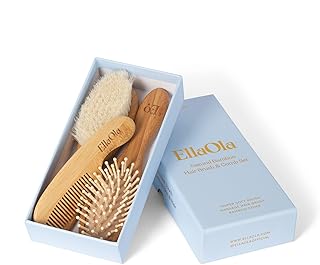 ELLAOLA Natural Bamboo Hair Brush & Comb Set, 3 Piece - Cradle Cap Brush, Massage Hair Brush, Bamboo Comb for Toddlers, Newborns & Infants I Baby Registry Gift