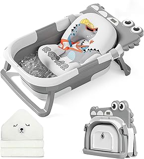 MoreFeel Collapsible Baby Bathtub for Newborn with Thermometer & 1 Hooded Towel & 1 Soft Floating Cushion,Portable Travel Bathtub with Drain Hole, Durable Foldable Baby Tubs for Infants to Toddler