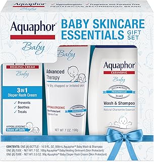 Aquaphor Baby Skin Care Essentials Gift Set with Baby Wash and Shampoo (16.9 Fl Oz) + Healing Ointment for Chapped Skin and Drool Rash (7Oz) + Diaper Rash Cream (3.5Oz), Hypoallergenic