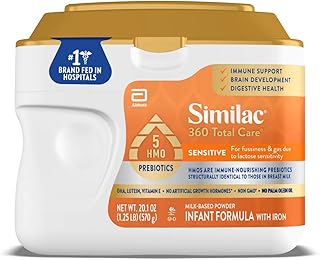 Similac 360 Total Care Sensitive Infant Formula for Fussiness & Gas Due to Lactose Sensitivity, Has 5 HMO Prebiotics, Baby Formula Powder, 20.1-oz Tub