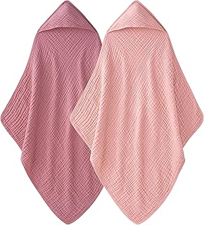 Hooded Baby Towels for Newborn - 2 Pack, 100% Muslin Cotton, Baby Bath Towels with Hood, Soft and Absorbent for Girls Infant, Toddler and Kids, Large 32x32 Inches, Newborn Essential