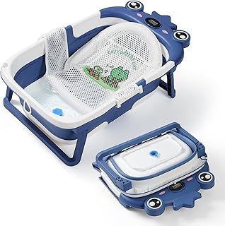Baby Bathtub,Collapsible Baby Bath Tub with Soft Cushion & Thermometer, Space Saving Foldable & Travel Newborn Bathtub for Infant to Toddler 0-36 Months, Frog Blue