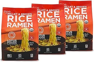 Lotus Foods Organic Millet & Brown Rice Ramen - Gluten Free Ramen Noodles, Whole Grain Ramen Noodles, Organic Vegan Ramen, Low Sodium Rice Noodles, Organic, Gluten-Free, Vegan - 10 Oz Bags (Pack of 3)
